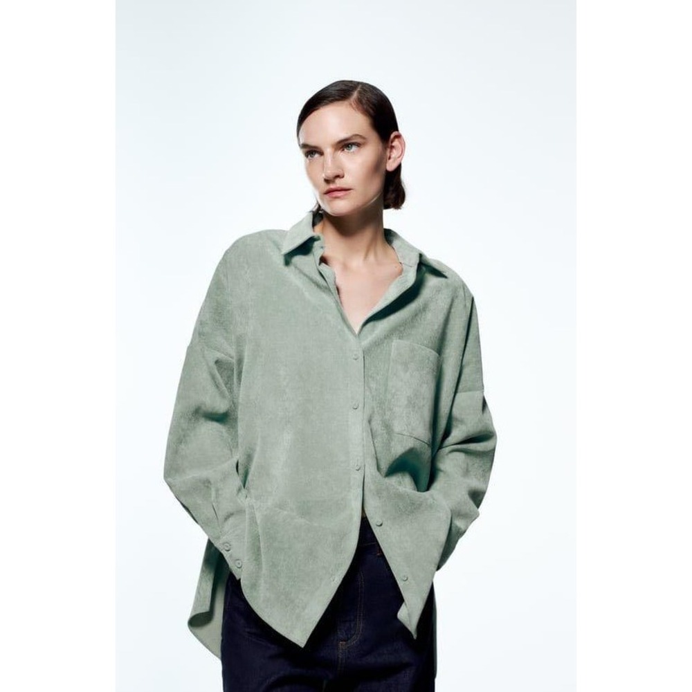 ZARA Fine Wales Corduroy Over Shirt Button Down Shacket Sea Green XS